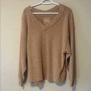 Aerie V-Neck Waffle Knit Sweater in Tan